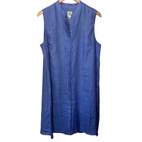 Anne Klein Dress Linen Blue Sleeveless Hidden Button Front Classic Summer L - Picture 1 of 9
